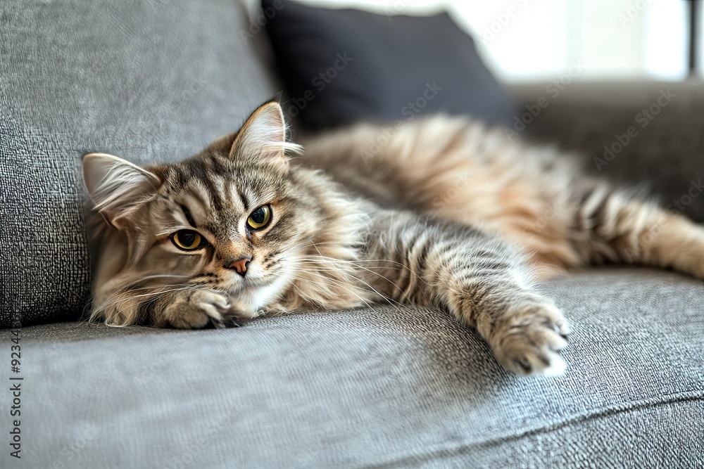 Obraz premium Cute tabby cat lying on grey sofa in living room at home