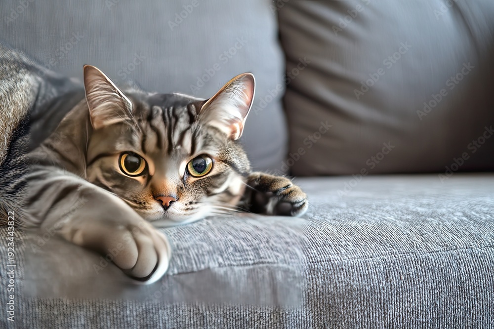 Obraz premium Cute tabby cat lying on grey sofa in living room at home