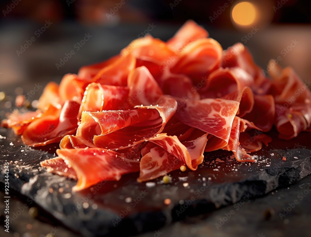 close up food photography of sliced Jamon Iberico with salt on black background close up food photography of sliced Jamon Iberico with salt on black background