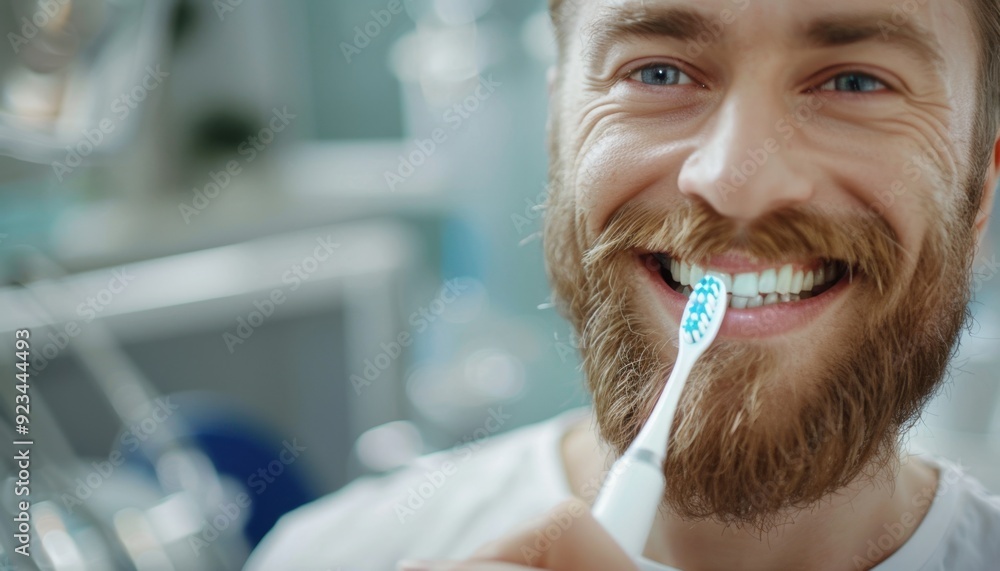 Man brushing his teeth in a bright bathroom during the morning routine Man brushing his teeth in a bright bathroom during the morning routine