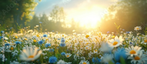 Beautiful Sunlit Meadow with Wildflowers in Bloom During a Serene Summer Morning