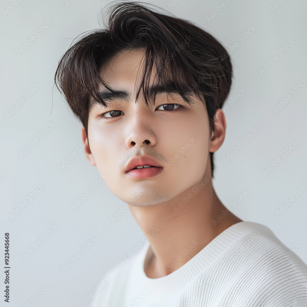 Fashion portrait of asian young man model clothes white t-shirt. Young male model fashion lifestyle in trendy clothes street urban style isolated on light gray background