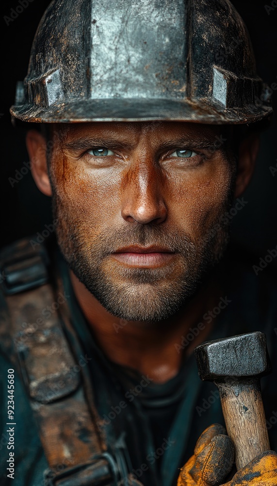 Close-up portrait of a miner with a hammer Close-up portrait of a miner with a hammer