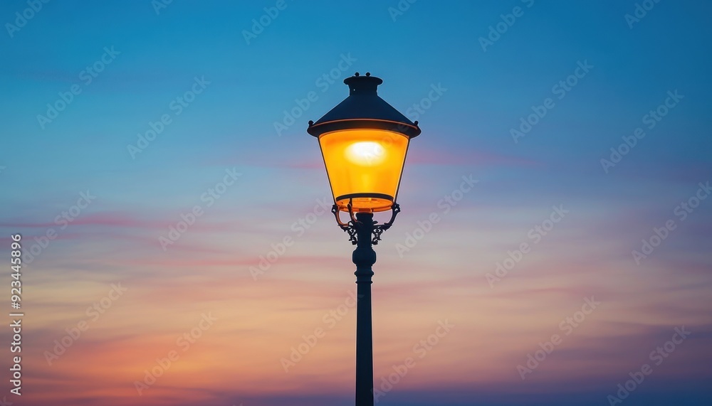 Street lamp glowing against a colorful sunset sky in the evening Street lamp glowing against a colorful sunset sky in the evening