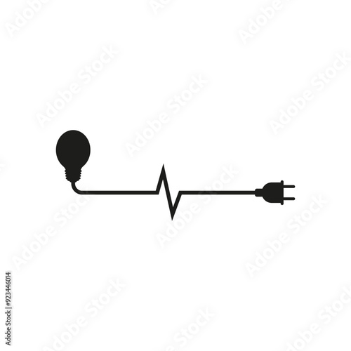 Electrical power plug with a long curved cord and glowing bright light bulb. Current and voltage symbol.