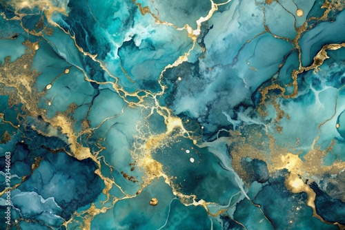 Elegant abstract blue marble texture features gold splashes, subtle gray and white undertones, and dark green accents on a luxurious blue background with watercolor effect.