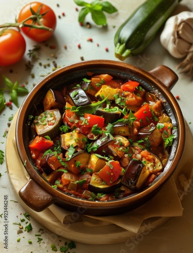 Traditional Pisto Spanish stew with fresh vegetables, eggplant, and zucchini in a rustic setting