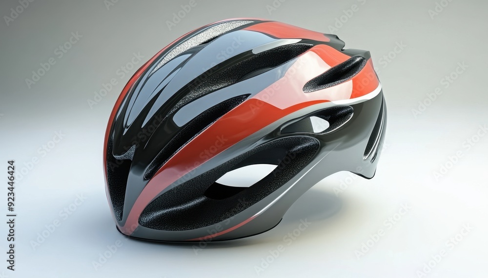 Modern bike helmet in black and red with streamlined design on a neutral background Modern bike helmet in black and red with streamlined design on a neutral background