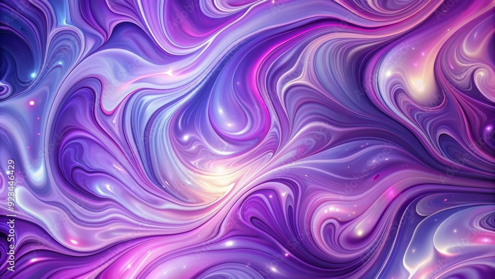 Fototapeta premium Vibrant abstract fluid art background featuring mesmerizing swirling lilac and light purple hues, with a shiny gradient and wavy pattern, evoking a sense of creativity.