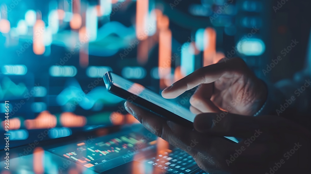 Hand Using Smartphone Against Stock Market Data Background Hand Using Smartphone Against Stock Market Data Background