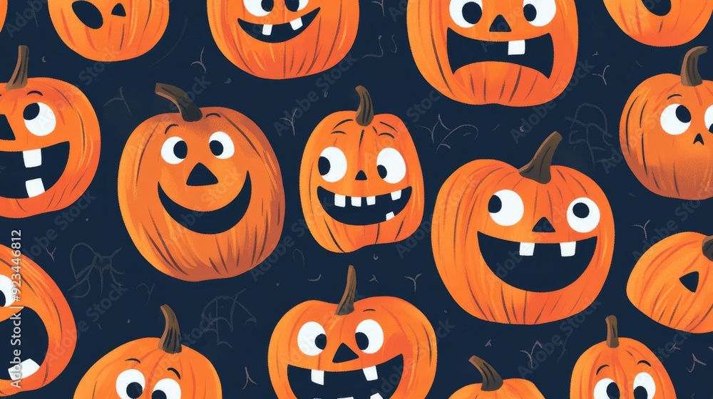 A pattern of happy, cartoon pumpkins with different facial expressions, symbolizing Halloween fun, spooky festivity, autumn, harvest, and joy. A pattern of happy, cartoon pumpkins with different facial expressions, symbolizing Halloween fun, spooky festivity, autumn, harvest, and joy.