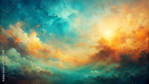 Vibrant textured abstract background featuring a mesmerizing gradient of teal and amber hues, evoking a watercolor sky or patina surface, perfect for creative designs.