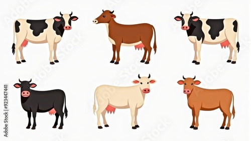 Colorful Cow Illustrations Showing Various Breeds of Cattle - Farm Animals