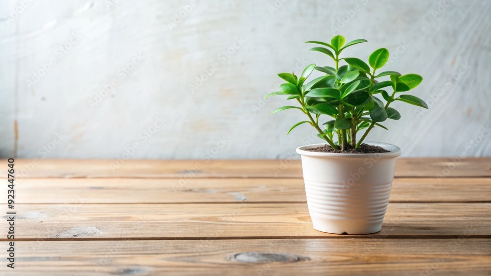 A small, vibrant green potted plant with delicate leaves and stems sits centered on a worn, wooden table against a soft, white background. A small, vibrant green potted plant with delicate leaves and stems sits centered on a worn, wooden table against a soft, white background.