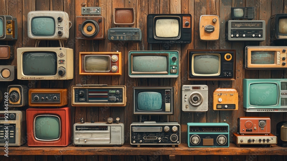 Fototapeta premium High resolution image showing a retro wall of vintage radios and televisions in different designs and sizes. The antique devices are captured with great detail, providing a nostalgic feel. There is