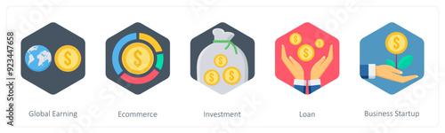 A set of 5 business icons as global earning, ecommerce, investment