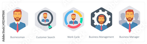 A set of 5 business icons as businessman, customer search, work cycle