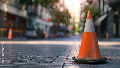 Orange traffic cone marks a closed street in a quiet urban area during the day