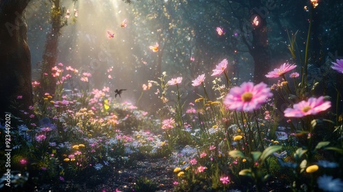 Enchanting Sunlit Forest Glade with Pink Flowers, Butterflies and Magical Dust.