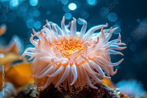 A close-up of a vibrant sea anemone with delicate tentacles in an underwater setting.