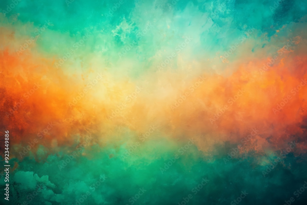 Fototapeta premium Vibrant orange, teal, green, and pink hues blend in a grainy, gradient background with a textured noise effect, evoking a lively summer atmosphere in a abstract design.