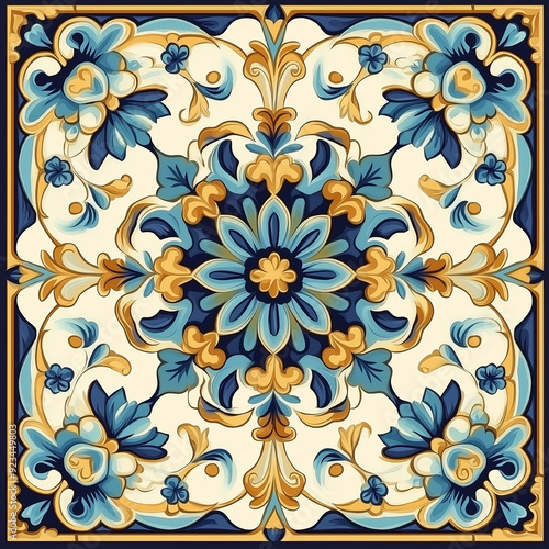 illustration of a vintage oriental tile. generative ai