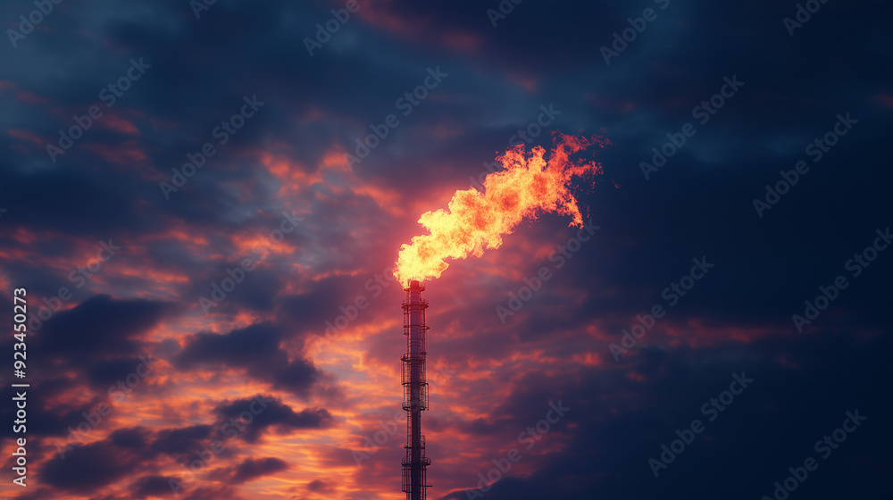 Fototapeta premium Vibrant flame of a gas torch against a black sky, highlighting the production of energy and its ecological footprint. 