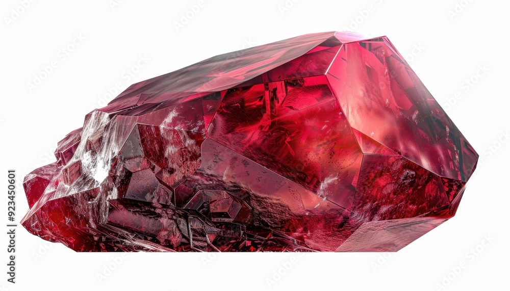 Bright red crystal gemstone on a white background under soft lighting Bright red crystal gemstone on a white background under soft lighting
