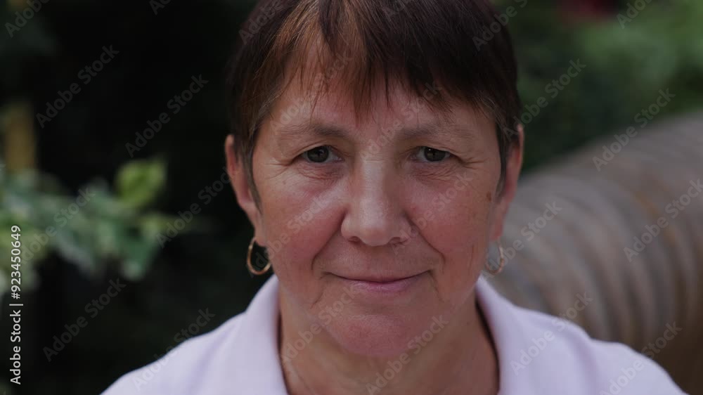 Close-up portrait of an older woman wearing a pink polo shirt, with a calm and gentle expression on her face. She has short hair and is looking directly at the camera. The background showing greenery. Close-up portrait of an older woman wearing a pink polo shirt, with a calm and gentle expression on her face. She has short hair and is looking directly at the camera. The background showing greenery.