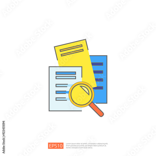 Illustration of a magnifying glass over a stack of documents, representing research and analysis.