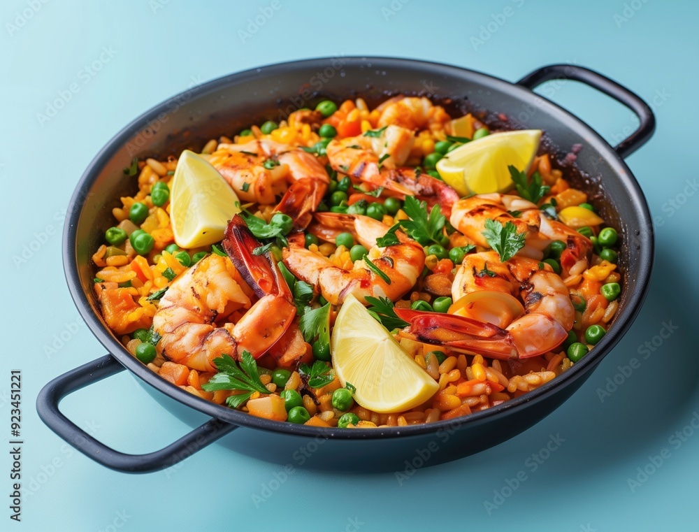 Artistic food photography of Spanish seafood paella with vibrant colors Artistic food photography of Spanish seafood paella with vibrant colors