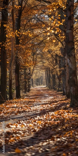 A picturesque pathway covered in autumn leaves meandering through a sunlit forest. The tall trees stand like silent guardians, their branches creating a natural canopy overhead. photo