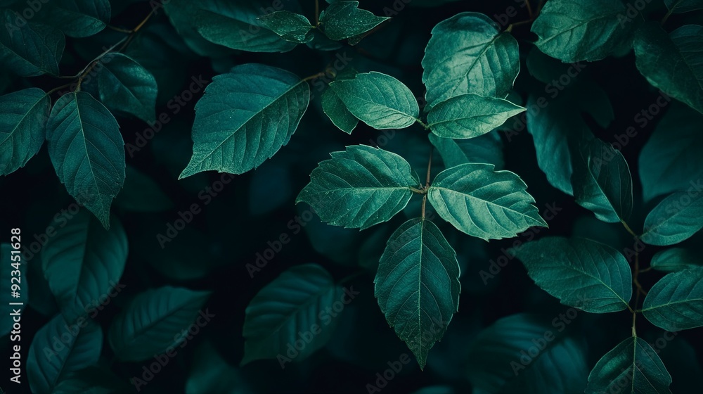 Fototapeta premium Nature of dark green leaf in garden. Natural green leaves plants using background cover page environment ecology wallpaper. Generative ai