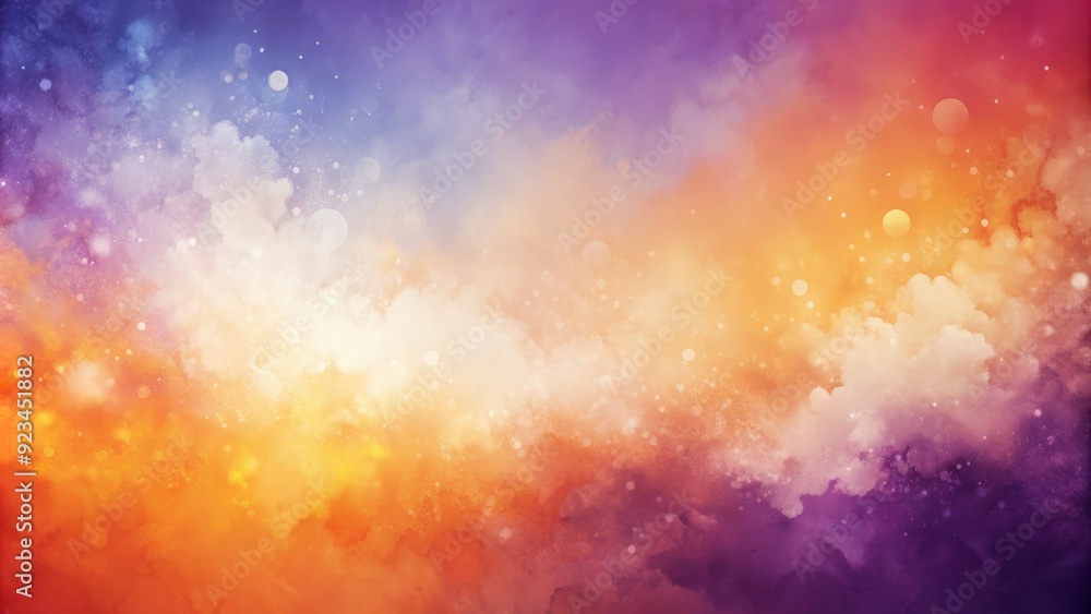 Fototapeta premium Vibrant orange, violet, and white hues blend in a grainy, abstract gradient with blurred color noise, creating a textured, dreamy backdrop with ample copy space.