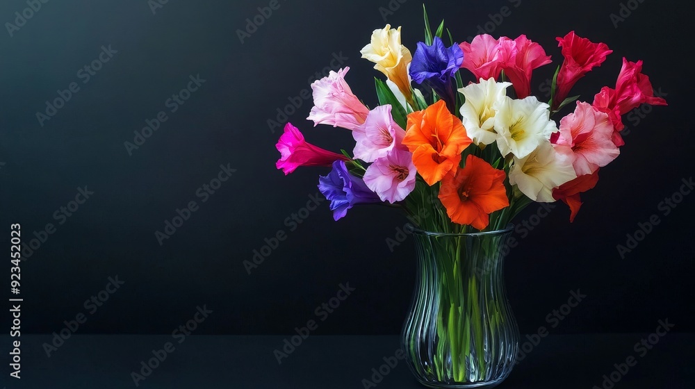 A vibrant bouquet of multicolored gladiolus flowers in a clear vase against a dark background. A vibrant bouquet of multicolored gladiolus flowers in a clear vase against a dark background.