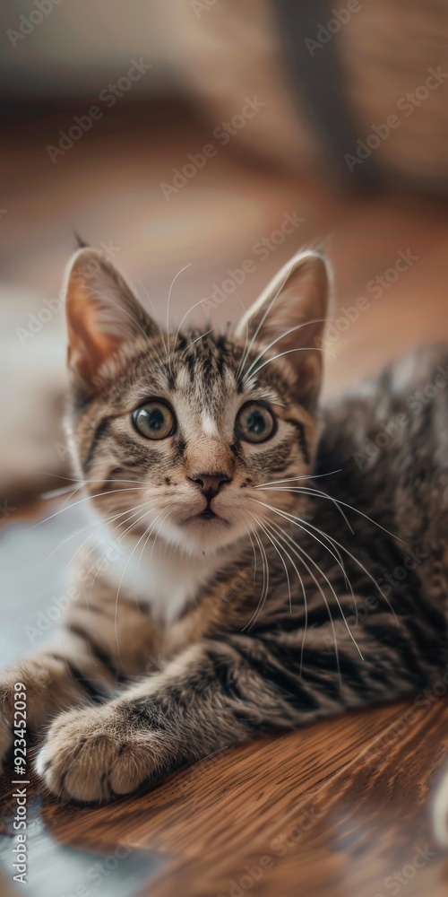 A striped kitten is lying down on a wooden floor, playfully resting and looking content, capturing the innocence and curiosity of young cats in a warm indoor setting. A striped kitten is lying down on a wooden floor, playfully resting and looking content, capturing the innocence and curiosity of young cats in a warm indoor setting.