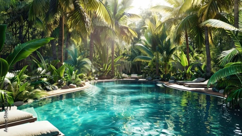 A tropical paradise with lush palm trees and exotic plants surrounding a pristine swimming pool.