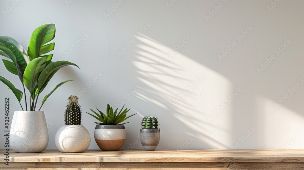 Minimalist potted plants casting shadows on a white wall Minimalist potted plants casting shadows on a white wall