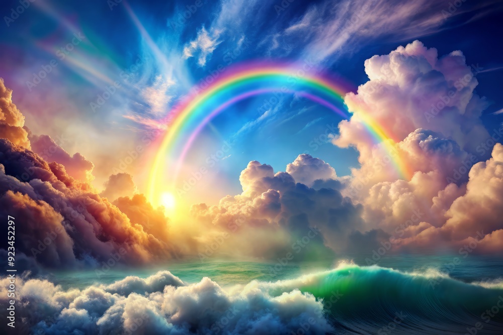 Vibrant abstract background with textured sky featuring puffy white clouds, majestic rainbow wave pattern, evoking dreamy, surreal atmosphere, perfect for creative, imaginative projects. Vibrant abstract background with textured sky featuring puffy white clouds, majestic rainbow wave pattern, evoking dreamy, surreal atmosphere, perfect for creative, imaginative projects.