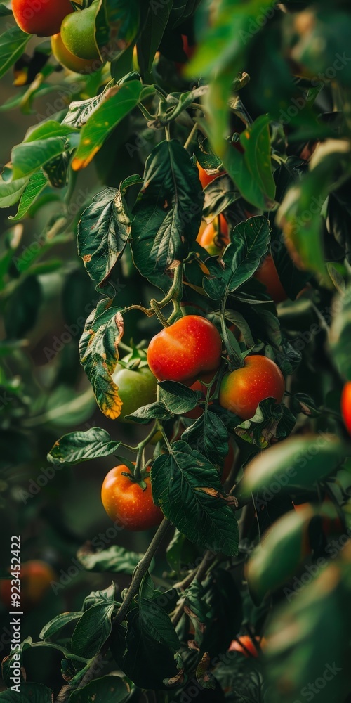 Tomato plants thriving in a garden, with both ripe and unripe tomatoes visible, symbolizing growth, harvest, and the natural cycle of agriculture, representing the beauty of fresh produce. Tomato plants thriving in a garden, with both ripe and unripe tomatoes visible, symbolizing growth, harvest, and the natural cycle of agriculture, representing the beauty of fresh produce.