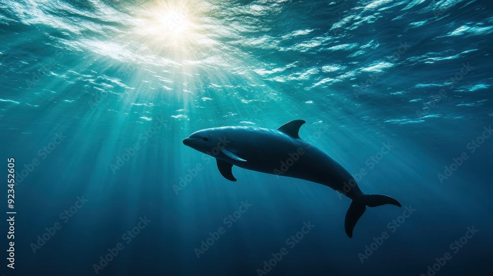Fototapeta premium Dolphin Silhouette Underwater with Sun Rays