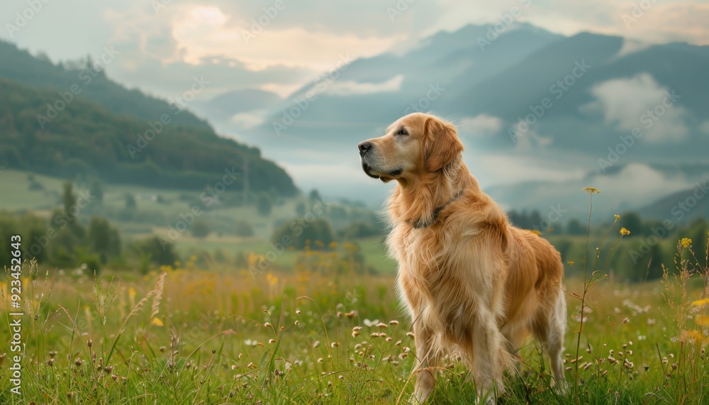Golden retriever standing in a lush meadow with mountains in the background during sunrise Golden retriever standing in a lush meadow with mountains in the background during sunrise