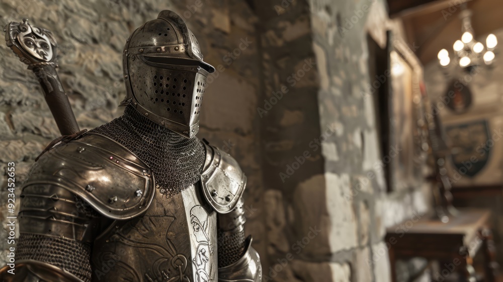 Medieval knight's armor displayed in a stone room Medieval knight's armor displayed in a stone room