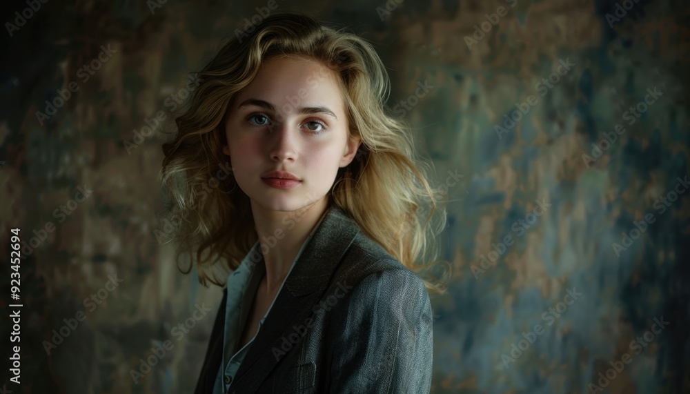 Young woman with wavy hair in a stylish blazer posed against an artistic wall background Young woman with wavy hair in a stylish blazer posed against an artistic wall background