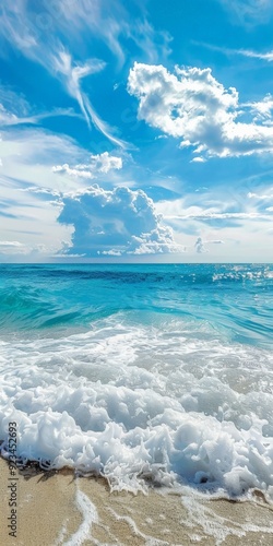 A breathtaking image capturing the essence of the ocean with gentle waves crashing onto a serene sandy beach under a bright, partly cloudy sky on a sunny day.