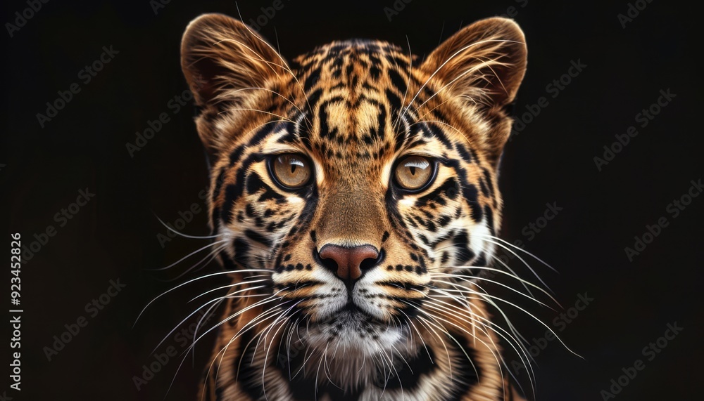 Close-up of a stunning leopard with detailed fur and striking eyes on a dark background Close-up of a stunning leopard with detailed fur and striking eyes on a dark background