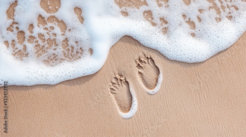 Two clear footprints in the sand are gently being washed over by the ocean waves, capturing a serene and peaceful moment by the beach, reflecting tranquility and nature. photo