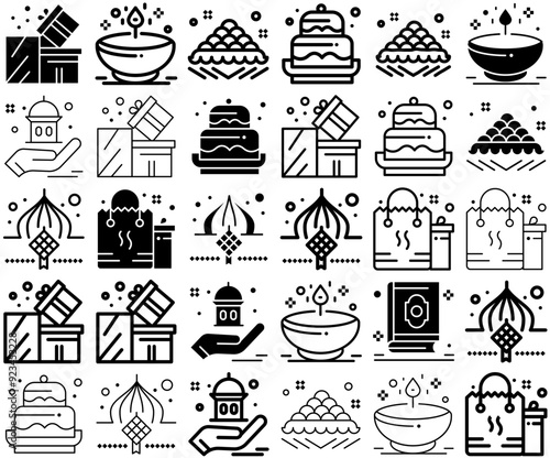 A Collection Of Eid Mubarak Icons Collection Isolated Silhouette Solid Icons Including Eid,Muslim,Mosque,Moon,Decoration Simple Black Style Symbol Sign For Apps And Website, Vector Illustration