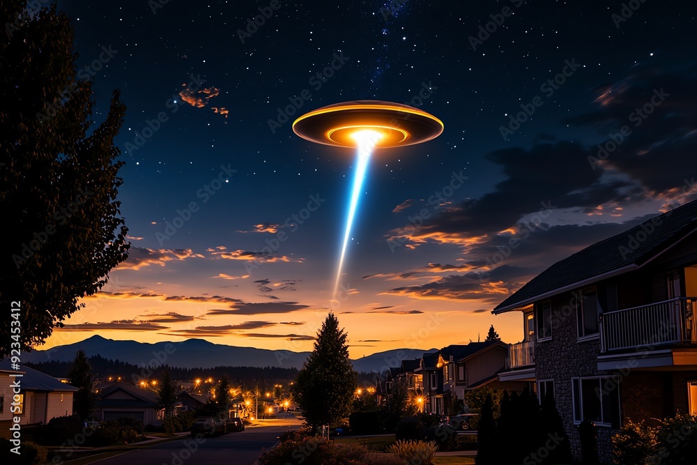 A UFO hovering silently above a small town at night, casting a bright ...