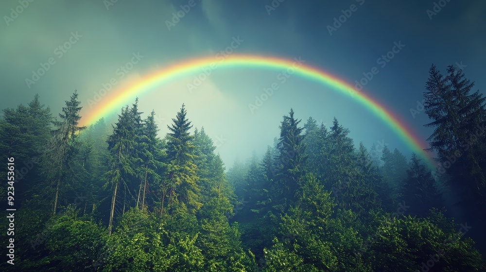 Majestic Rainbow Over Misty Forest with Pine Trees. Majestic Rainbow Over Misty Forest with Pine Trees.